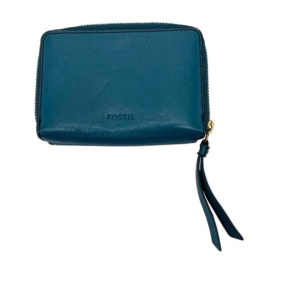 Fossil Teal Leather Compact Wallet With Snap Pocket & Zippered Closure - Picture 2 of 8